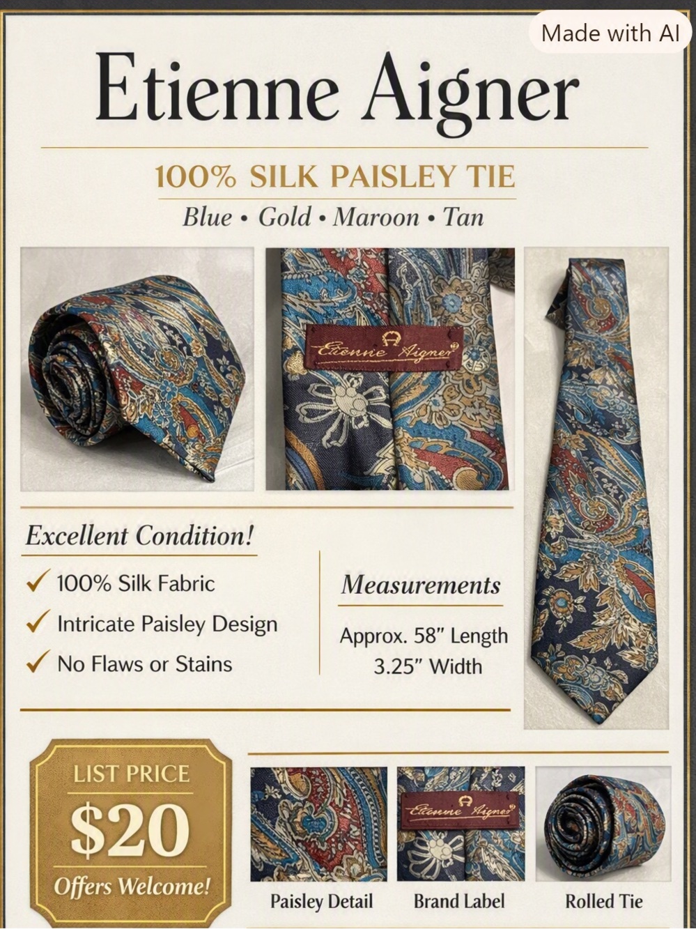 Etienne Aigner Paisley Tie in Teal, Burgundy & Gold 💯 silk